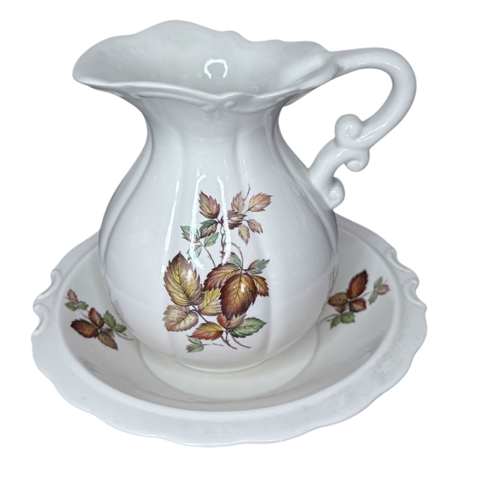 Vintage Unique White Ceramic Pitcher & Bowl Set with Leaf 
Design